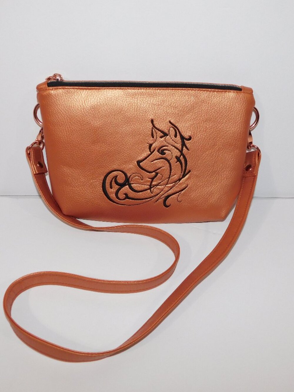 Northern Lights Wolf Center Copper Rose Gold Vegan Leather Shoulder Bag Clutch
